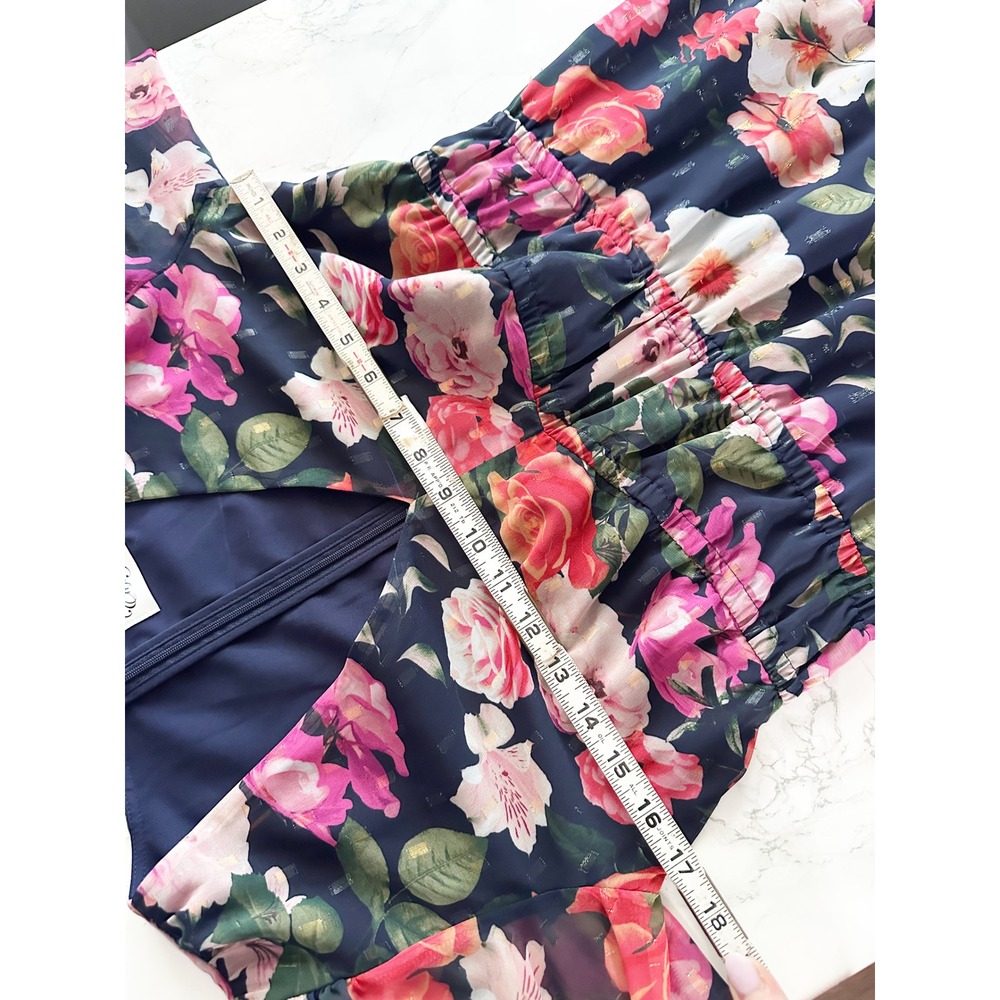 Eliza J Metallic Clip Dot Floral Navy Chiffon Fit Flare Maxi Dress Womens Size 8 - Picture 12 of 14